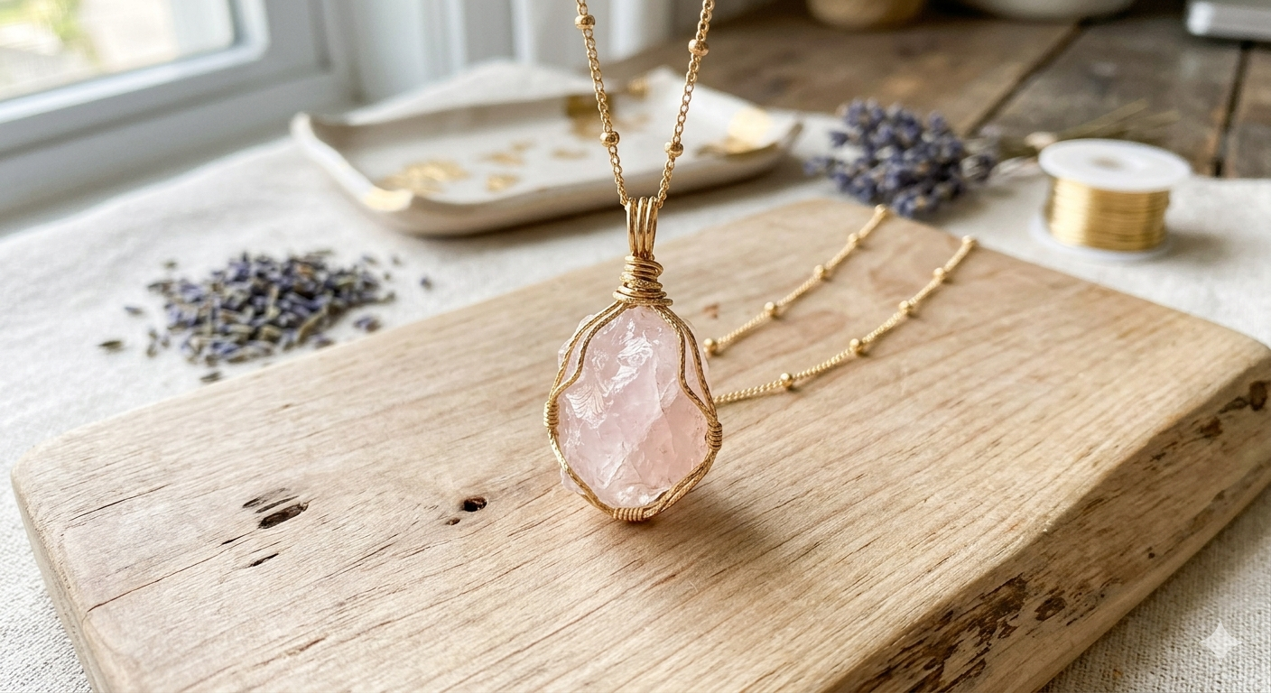 Hand-Wrapped Raw Rose Quartz Pendant - 14k Gold Fill
