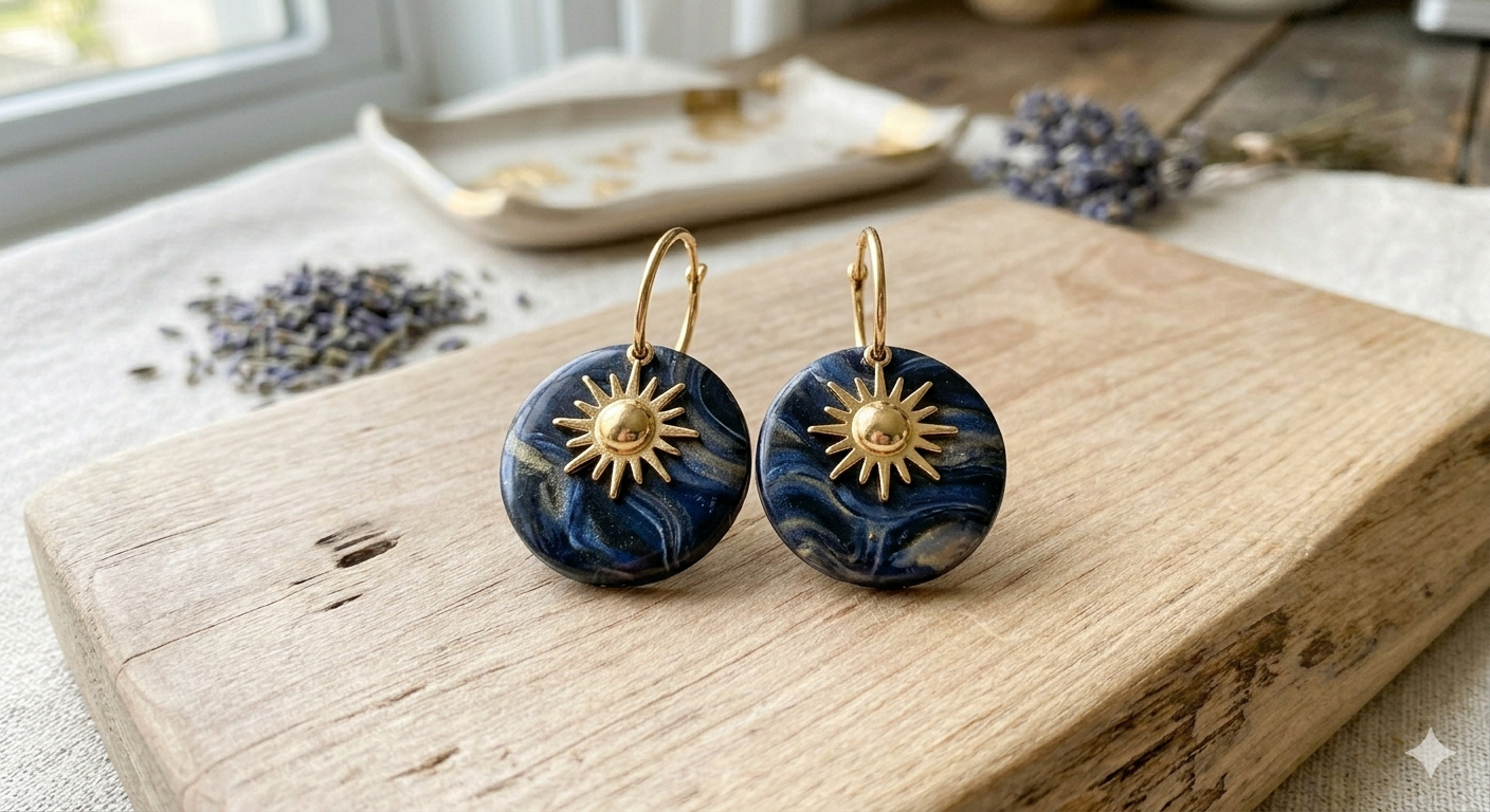Midnight Marbled Clay Earrings - 18k Gold Plated Sun Charms