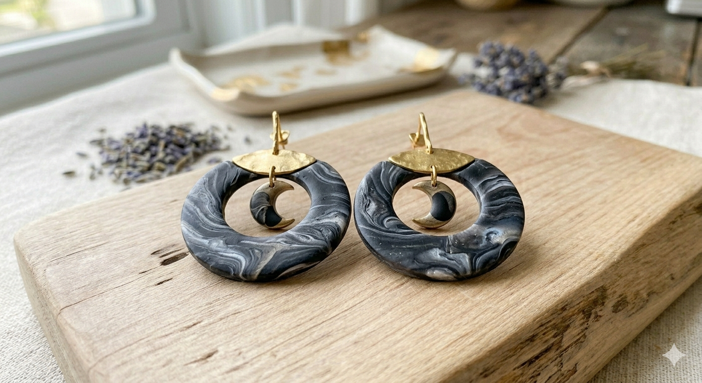 d-Sculpted Polymer Clay Earrings - Lunar Eclipse Statement Hoops